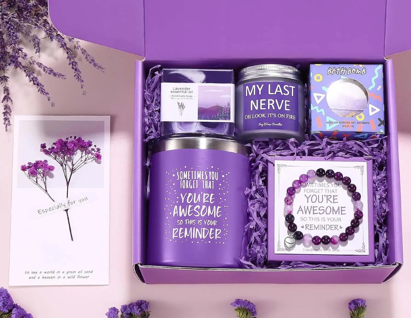 Lavender Self-Care Gift Box – Mug, Candle, Bath Bomb, Handmade Soap, Bracelet (Relaxation Gift Set)