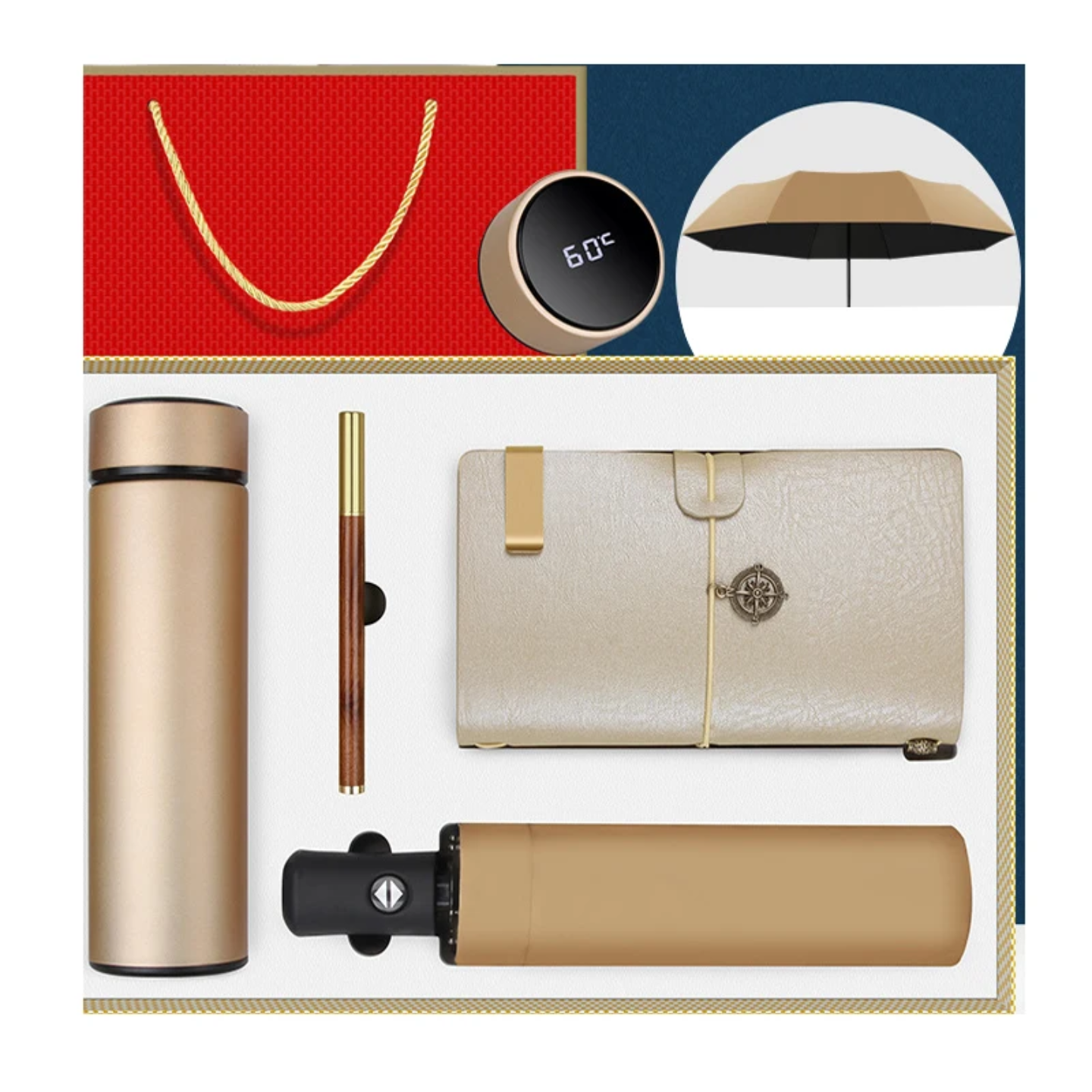 Executive Gift Box Set – Smart Temperature Flask, Auto Umbrella, Premium Notebook & Pen (Luxury Corporate Gift)