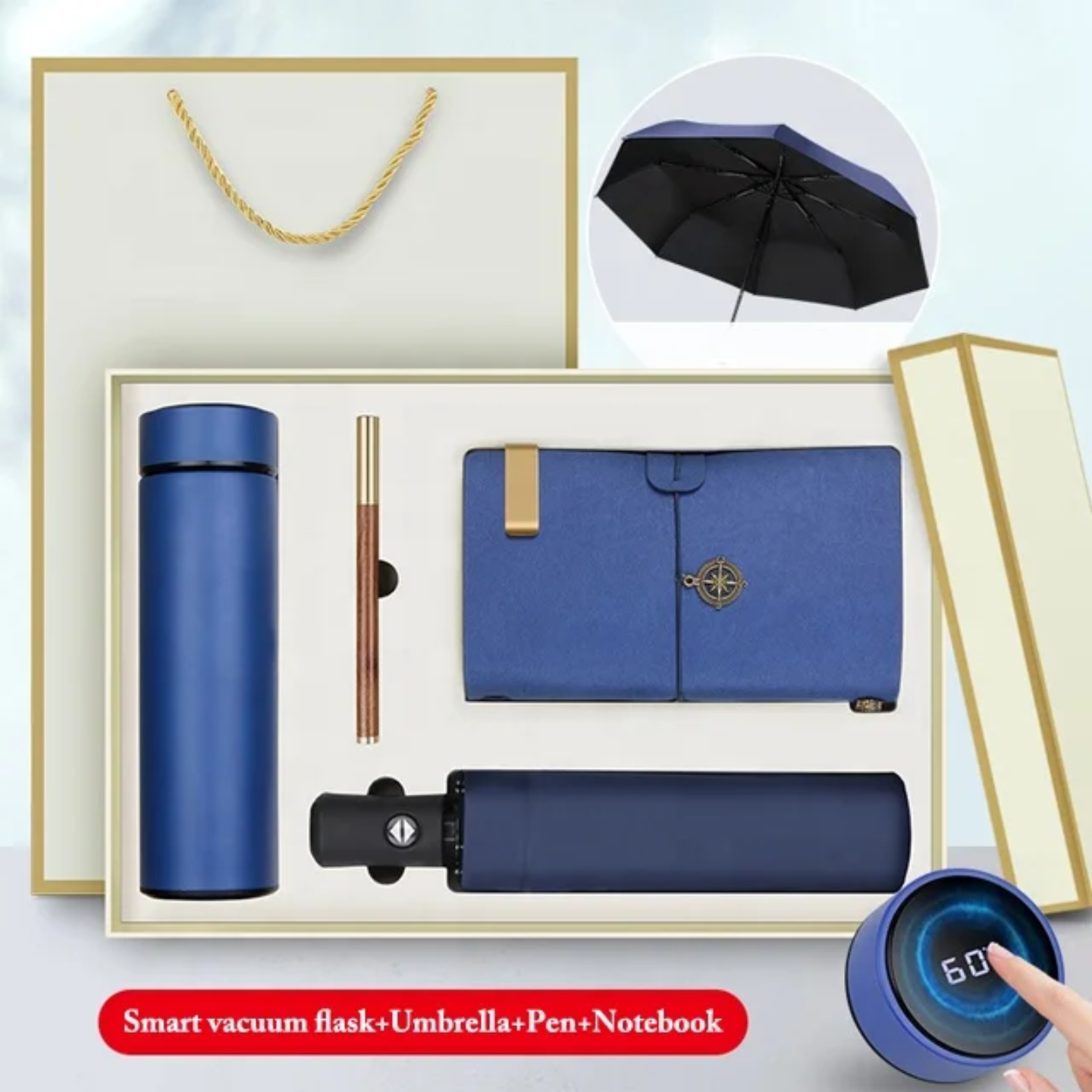 Executive Gift Box Set – Smart Temperature Flask, Auto Umbrella, Premium Notebook & Pen (Luxury Corporate Gift)