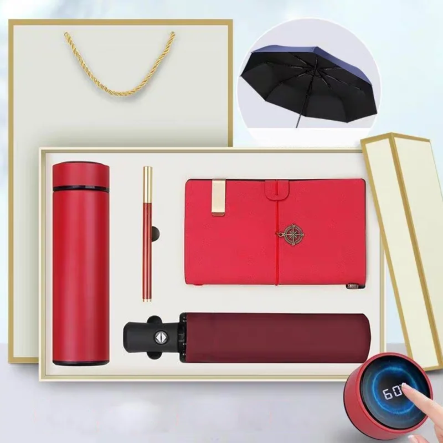Executive Gift Box Set – Smart Temperature Flask, Auto Umbrella, Premium Notebook & Pen (Luxury Corporate Gift)