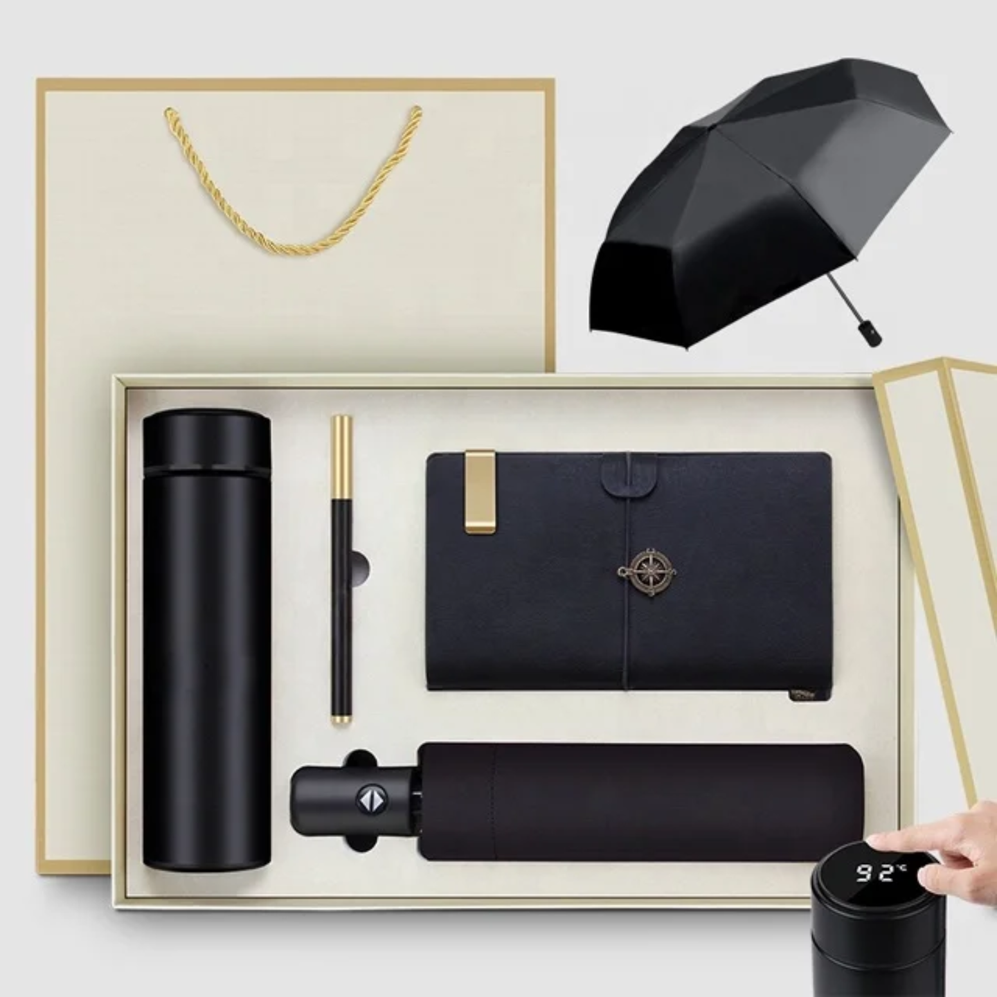 Executive Gift Box Set – Smart Temperature Flask, Auto Umbrella, Premium Notebook & Pen (Luxury Corporate Gift)