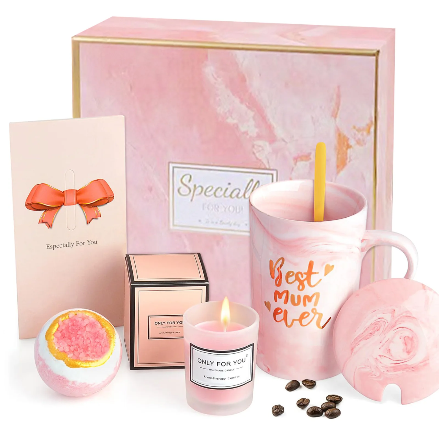 “Best Mom Ever” Luxury Pink Marble Gift Set – Mug with Lid & Spoon, Scented Candle, Bath Bomb, Soap, Greeting Card & Gift Box