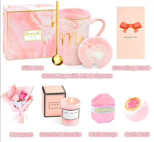 “Best Mom Ever” Luxury Pink Marble Gift Set – Mug with Lid & Spoon, Scented Candle, Bath Bomb, Soap, Greeting Card & Gift Box