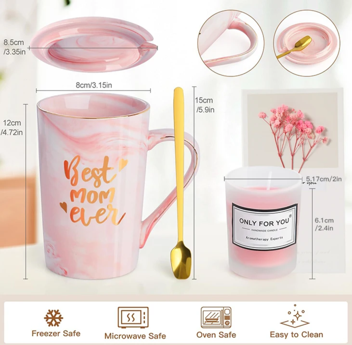 “Best Mom Ever” Luxury Pink Marble Gift Set – Mug with Lid & Spoon, Scented Candle, Bath Bomb, Soap, Greeting Card & Gift Box
