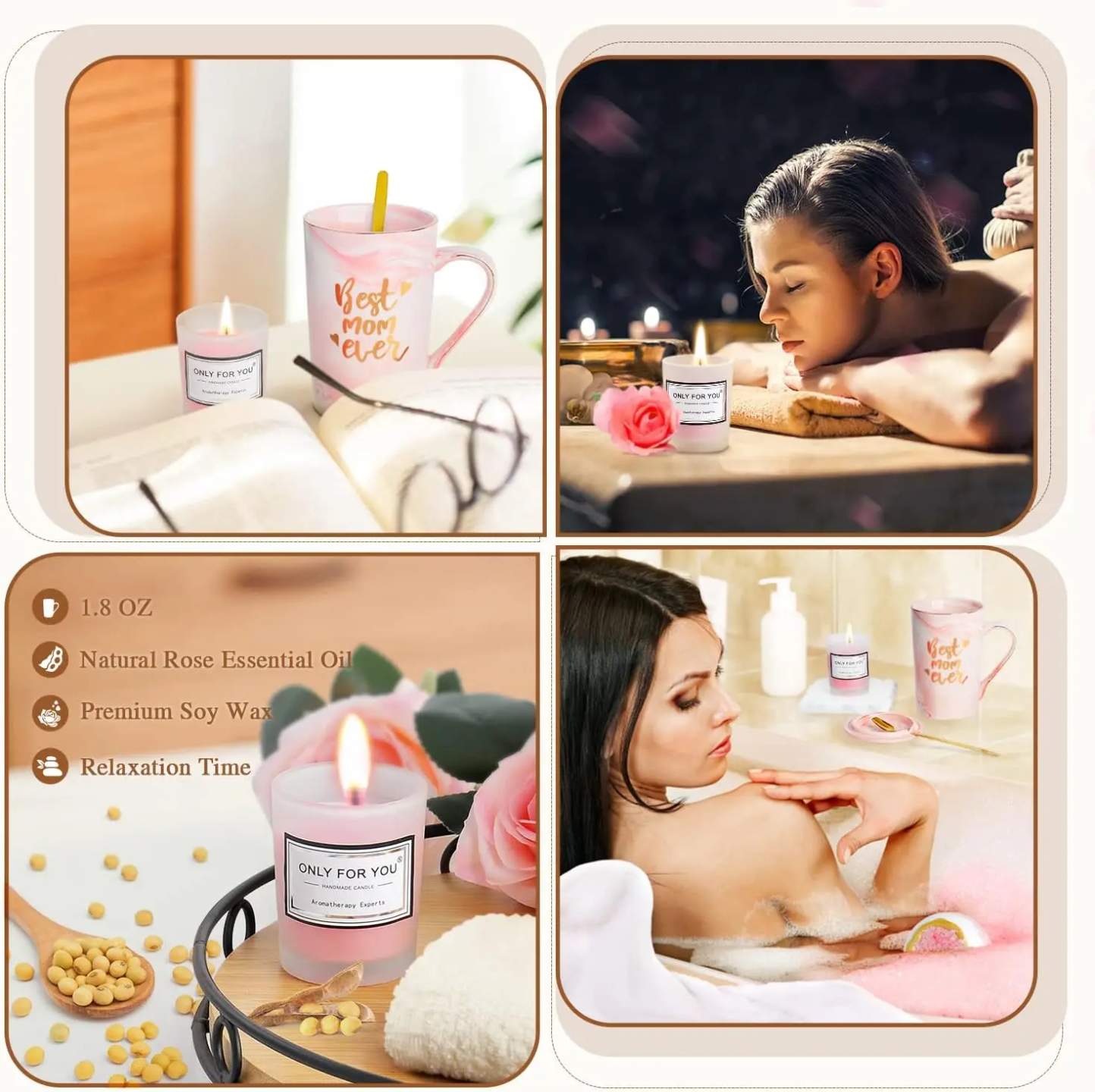 “Best Mom Ever” Luxury Pink Marble Gift Set – Mug with Lid & Spoon, Scented Candle, Bath Bomb, Soap, Greeting Card & Gift Box