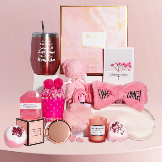 Luxury Pink Pamper Spa Gift Box for Women – Rose Gold Tumbler, Bath Bombs, Candle, Sleep Essentials & Self-Care Accessories (11-Piece Set)