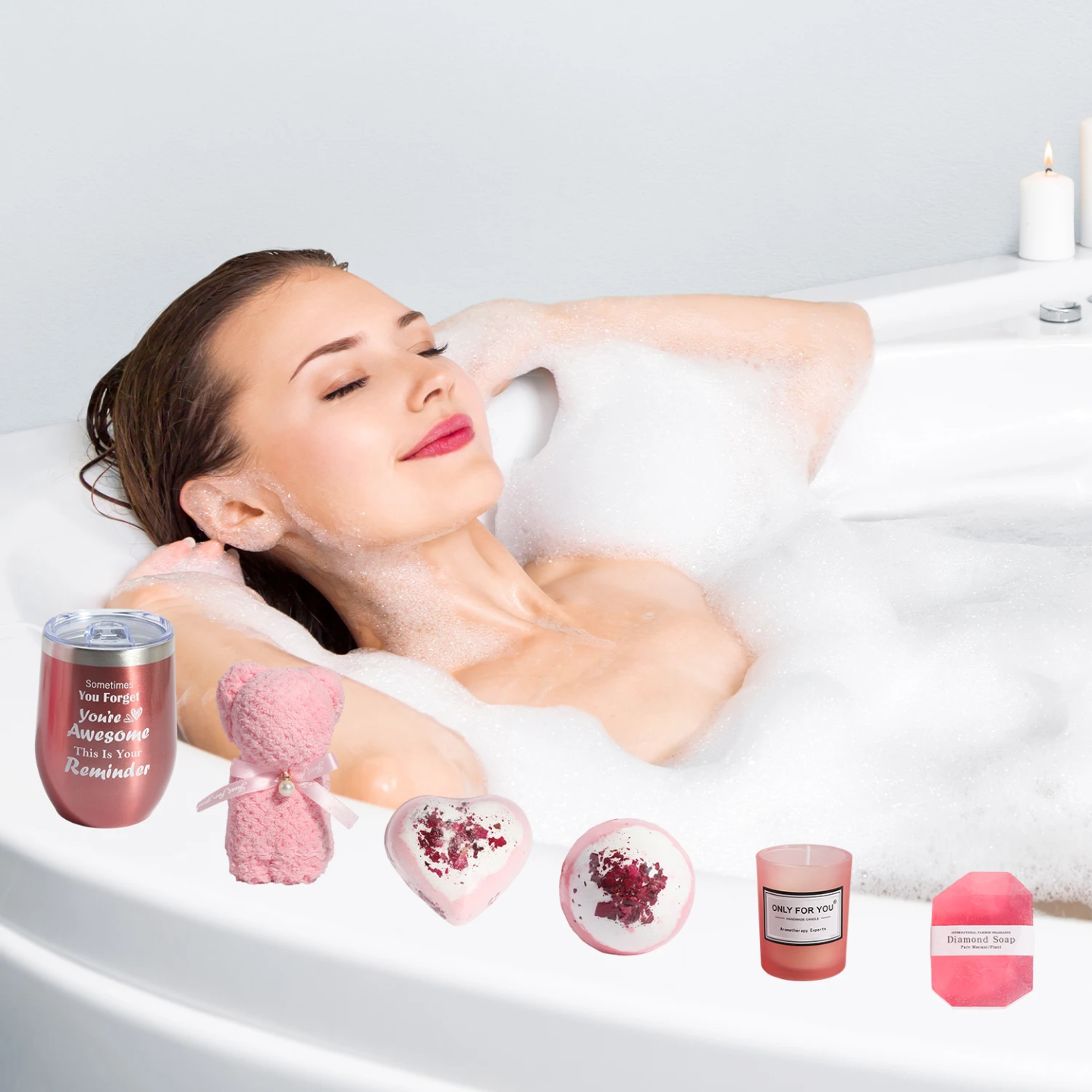Luxury Pink Pamper Spa Gift Box for Women – Rose Gold Tumbler, Bath Bombs, Candle, Sleep Essentials & Self-Care Accessories (11-Piece Set)