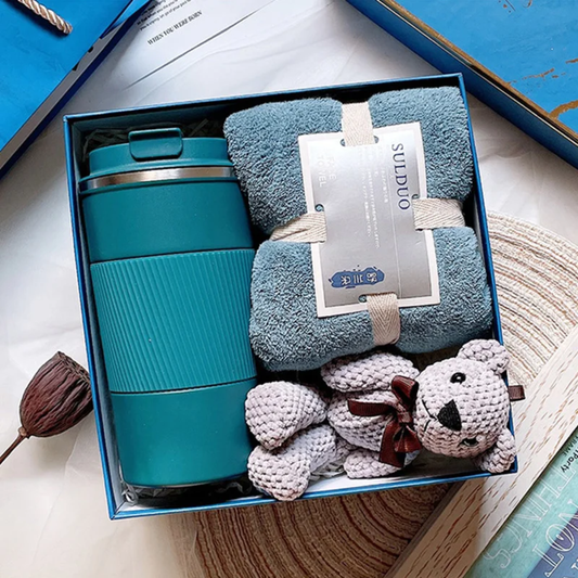 Cozy Gift Box Set – Insulated Travel Mug + Ultra-Soft Towel + Handmade Knit Teddy | Relaxation & Comfort Gift for Women