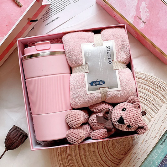 Cozy Gift Box Set – Insulated Travel Mug + Ultra-Soft Towel + Handmade Knit Teddy | Relaxation & Comfort Gift for Women