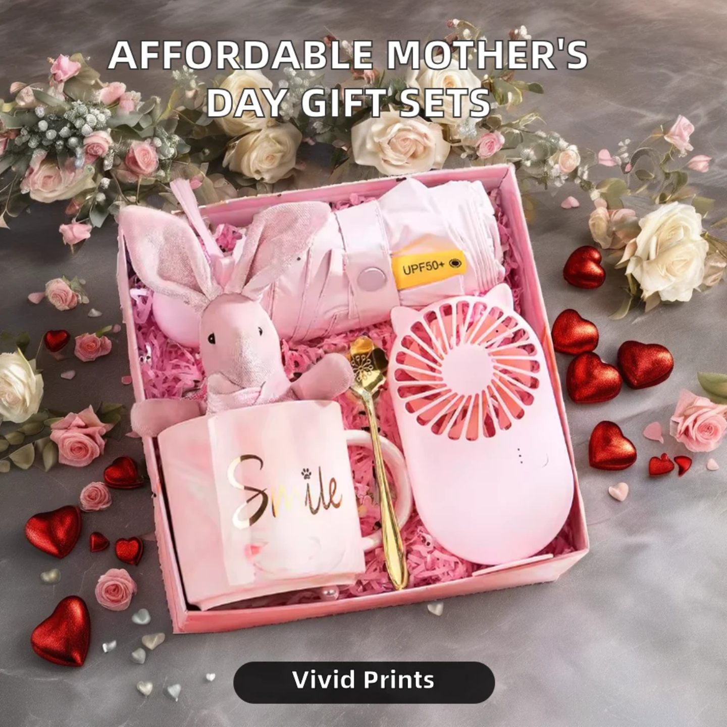 Smile & Shine Premium Gift Box Set – Pink Ceramic Mug, Rabbit Plush, Golden Spoon & Mini Fan / Umbrella