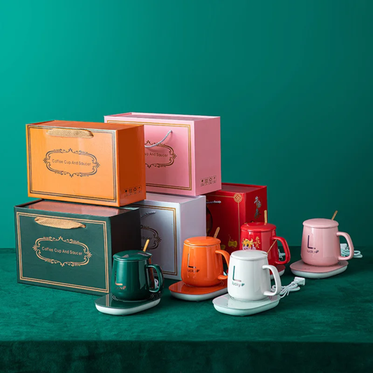 Ceramic Mug Warmer Gift Set – Temperature Control Heating Pad + Mug, Lid & Spoon (Gift Box)