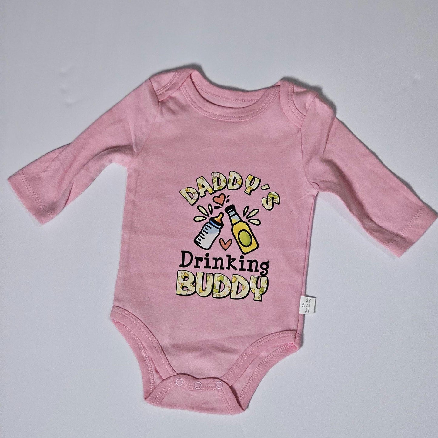 Daddy's Drinking Buddy Baby Onesie: Funny Pink Bodysuit - 3M