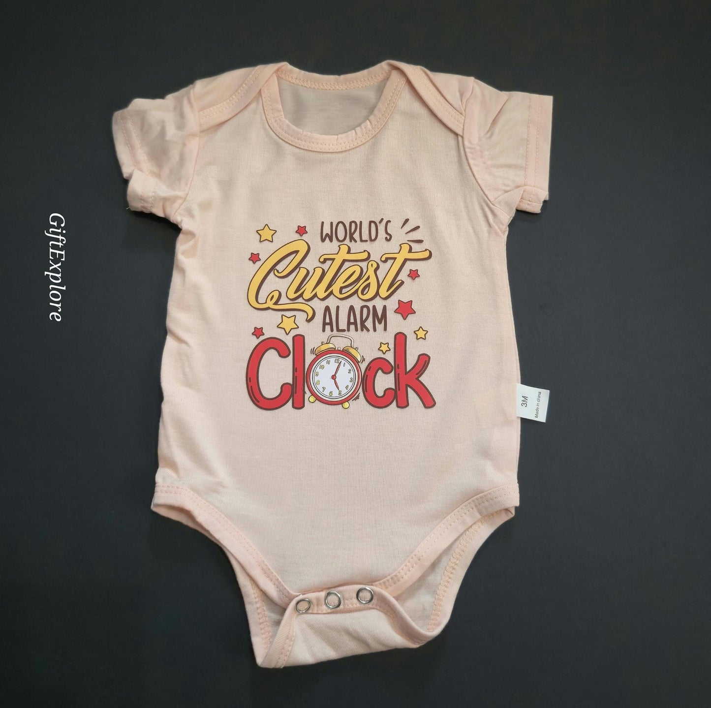 World's Cutest Alarm Clock Baby Onesie: Funny Peach Bodysuit