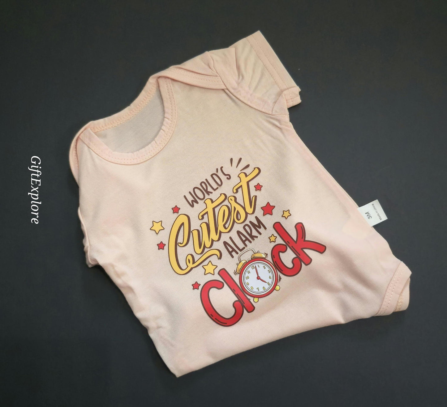 World's Cutest Alarm Clock Baby Onesie: Funny Peach Bodysuit